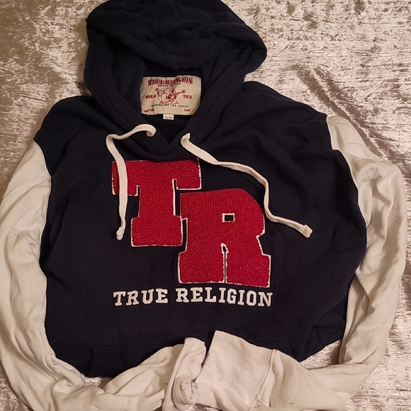 NWOT True Religion Navy Hoodie with Red Logo - Picture 2 of 6